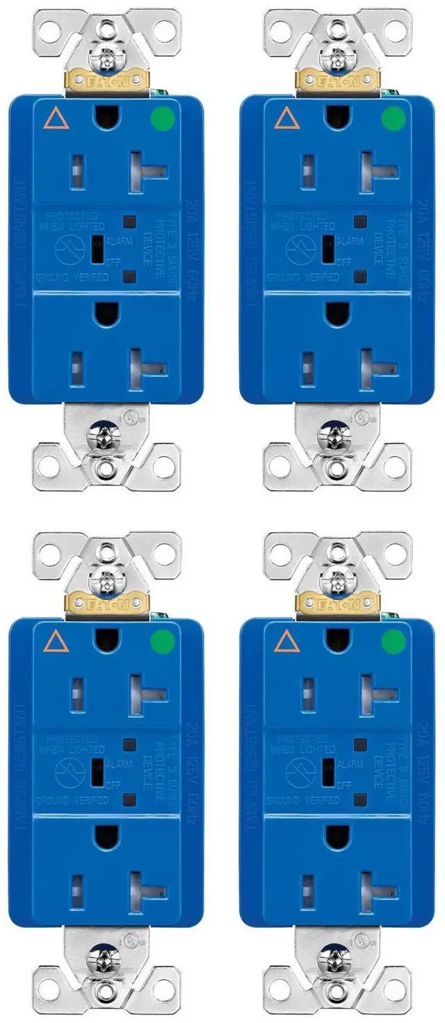 Main image of (case of 4) Eaton Wiring 20 Amp TVSS Surge Protection Receptacle w/Alarm & LED Indicators, Hospital Grade, Blue