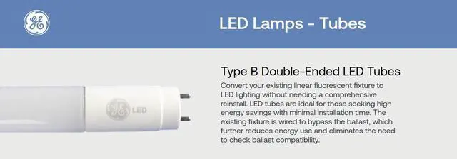 Alt view image 3 of 4 - (case of 20) GE LED Type B, 48 inch LED Tube, Double Ended T8 Glass Tube, 1600 lumen, 9.5 watt, 3500K, 70,000 hour, Type B Ballast Bypass Direct Wire, LED9BDT8/G4/835XL