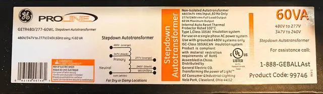 Main image of GE 99746 PROLINE 480V step down transformer, GETR480/277-60WL 480