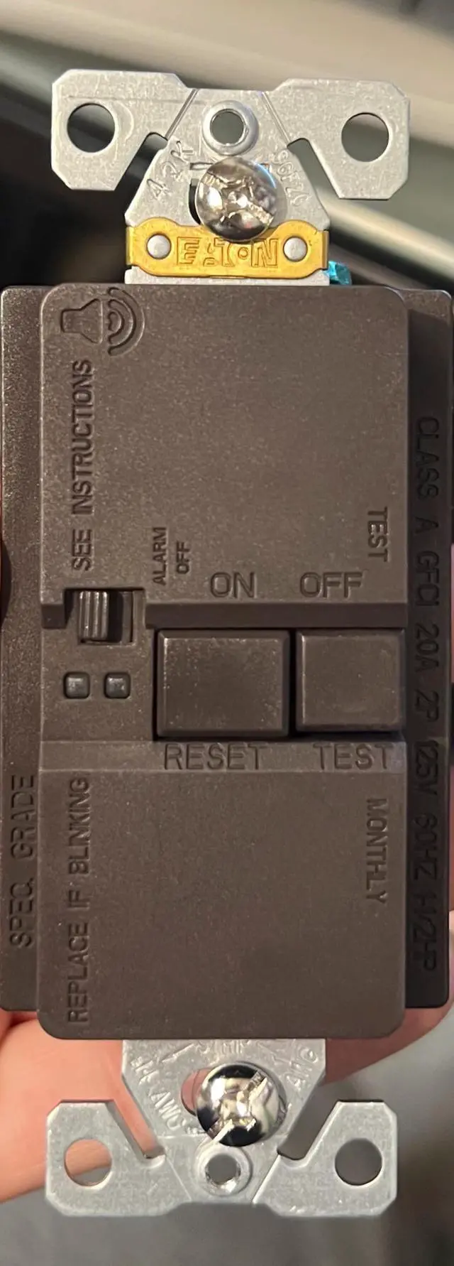 Alt view image 2 of 2 - Eaton 20 Amp Self Test Blank Face GFCI,Two-pole, three-wire, grounding, Brown, 125V, #14-#10, SGFDA20B