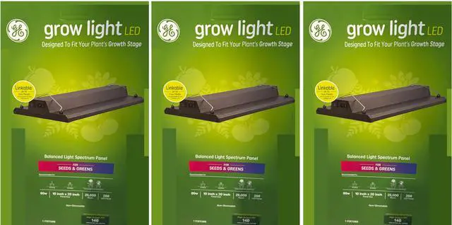 Main image of (quantity of 3) GE grow light LED for Seeds and Greens, balanced light spectrum, 10 inch x 20 inch LED panel, 80 watt, High Output 140 PPF (includes linking cord)