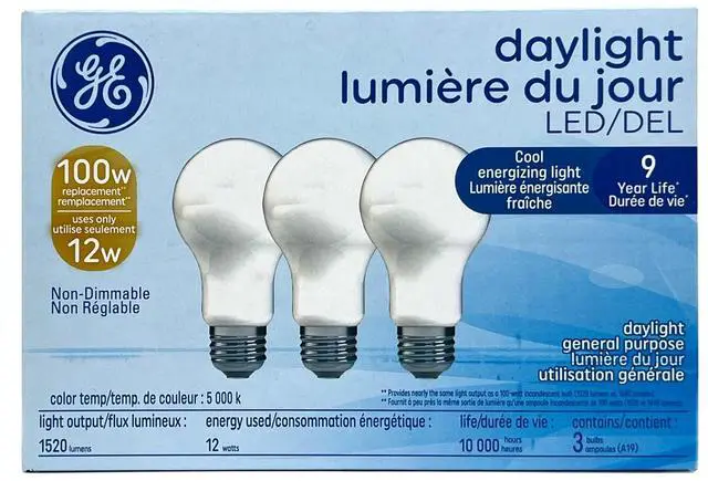 Main image of (3 bulbs) GE general purpse LED A19 light bulb, 12 watts, 1520 lumens, replaces 100 watt, beautiful daylight, medium base
