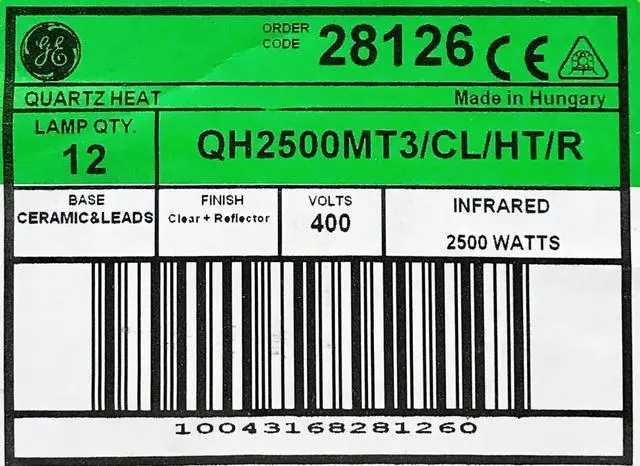 Alt view image 3 of 3 - GE 28126 - Infrared Quartz Heat Light,  2500 watt Double Ended Halogen Light Bulb, Infrafred, 400 volt, QH2500MT3/CL/HT/R