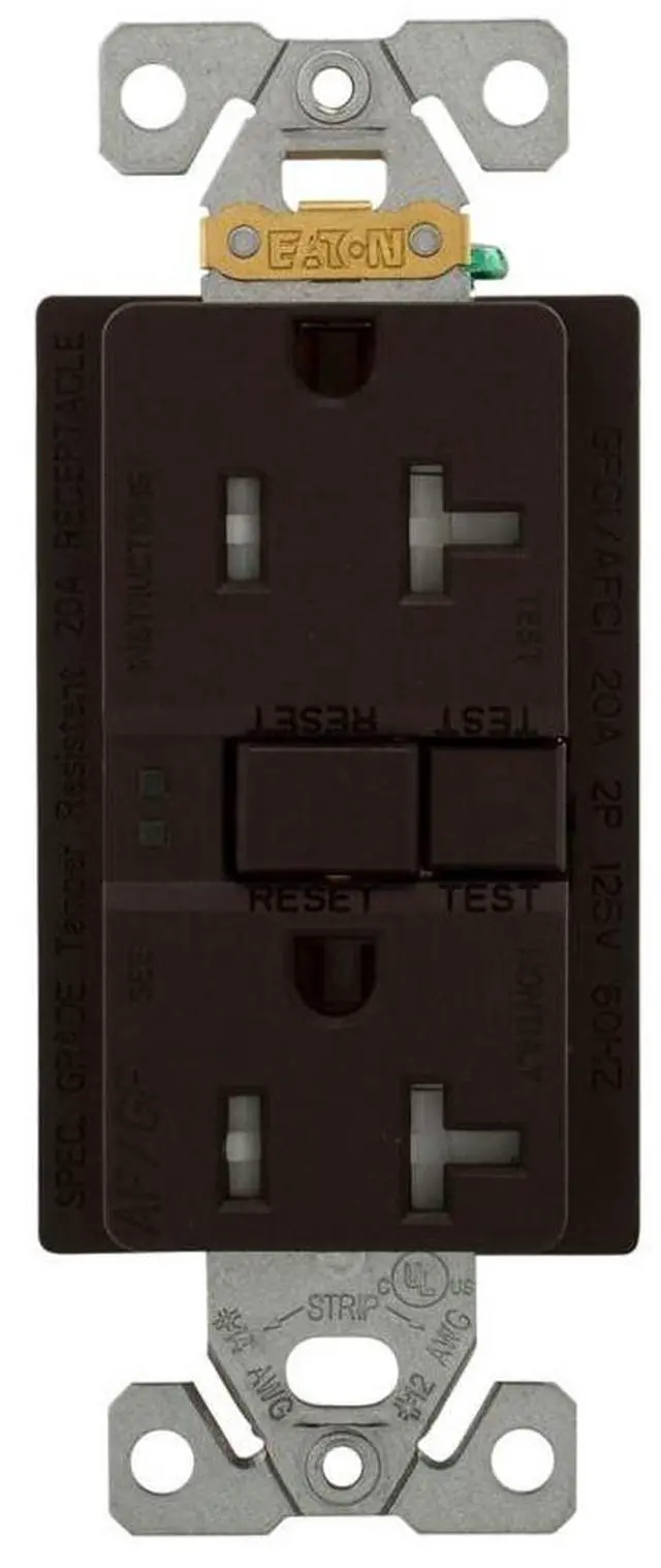 Main image of Eaton TRAFGF20B AF, Arc Fault/GF, Ground Fault Dual -Purpose, Duplex Receptacle with wallplate 20A 125V , Brown, two pole, three wire, grounding