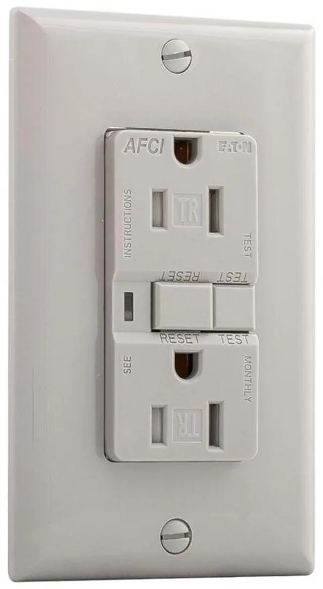 Alt view image 2 of 3 - Eaton AFCI receptacle, TRAFCI15GY, Grey finish, Visual Trip Indicator Light, Arc Fault Circuit Interrupter duplex receptacle, 15A, 125V, two pole, three wire, grounding