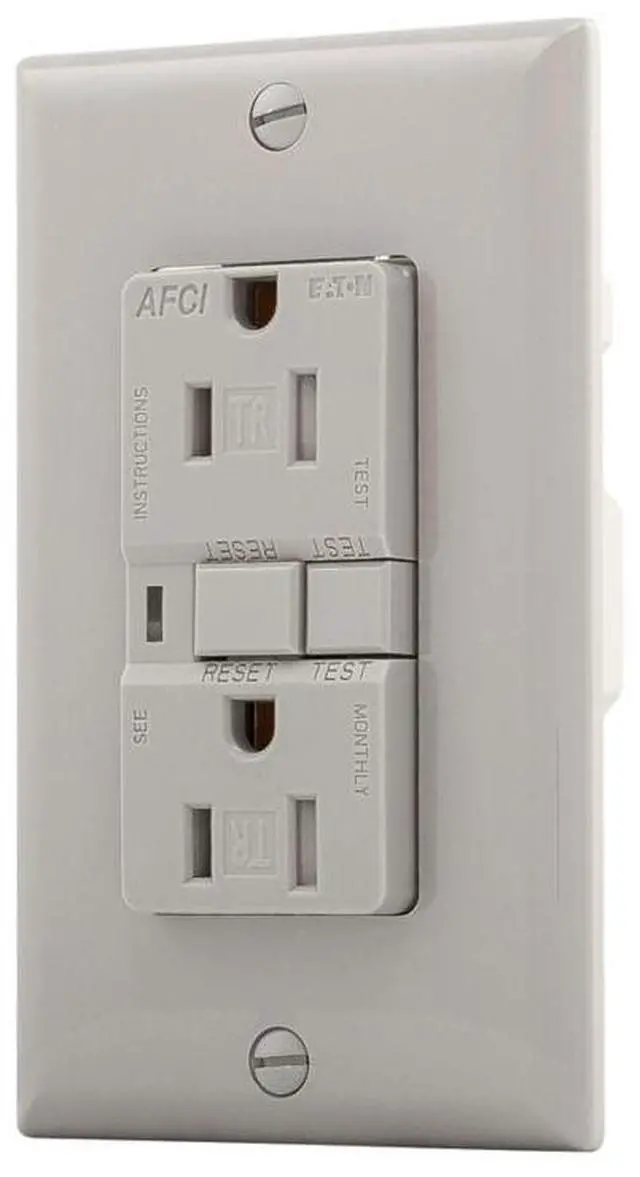 Main image of Eaton AFCI receptacle, TRAFCI15GY, Grey finish, Visual Trip Indicator Light, Arc Fault Circuit Interrupter duplex receptacle, 15A, 125V, two pole, three wire, grounding