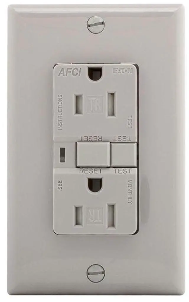 Alt view image 3 of 3 - Eaton AFCI receptacle, TRAFCI15GY, Grey finish, Visual Trip Indicator Light, Arc Fault Circuit Interrupter duplex receptacle, 15A, 125V, two pole, three wire, grounding