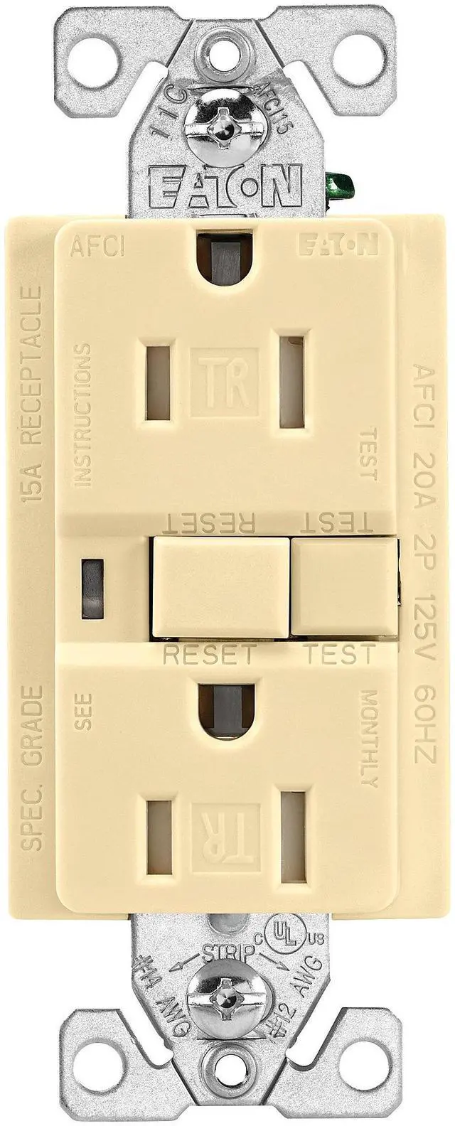 Main image of Eaton TRAFCI15V 15 Amp Tamper Resistant AFCI Receptacle, Ivory Finish