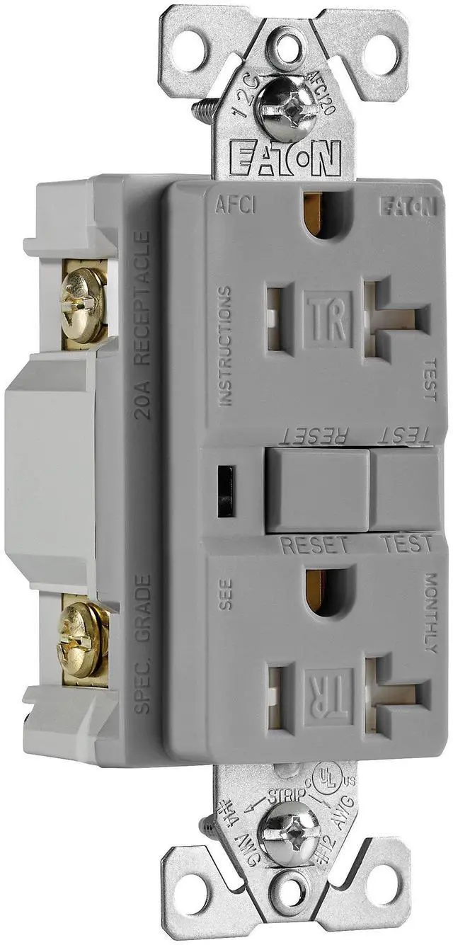 Alt view image 2 of 3 - EATON Wiring TRAFCI20GY 20 Amp Tamper Resistant AFCI Receptacle, Gray Finish