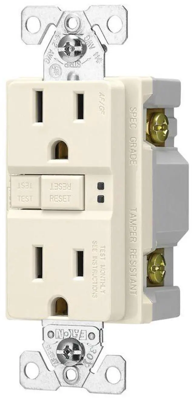 Alt view image 2 of 2 - Eaton TRAFGF15LA AF, Arc Fault/GF, Ground Fault Dual -Purpose, Duplex Receptacle with wallplate 15A 125V Light Almond