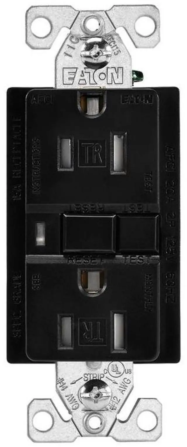 Main image of Eaton AFCI receptacle, TRAFCI15BK, black finish, visual trip indicator light, 15A, 125V, back wire and side wire, tamper resistant, two pole three-wire, grounding