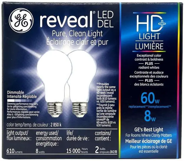 Main image of (2 bulbs) GE reveal LED A19 Light Bulb, 8 watts, 610 lumens, 2850K Reveal HD Light, Dimmable,  Exceptional Color Contrast and Boldness, medium base