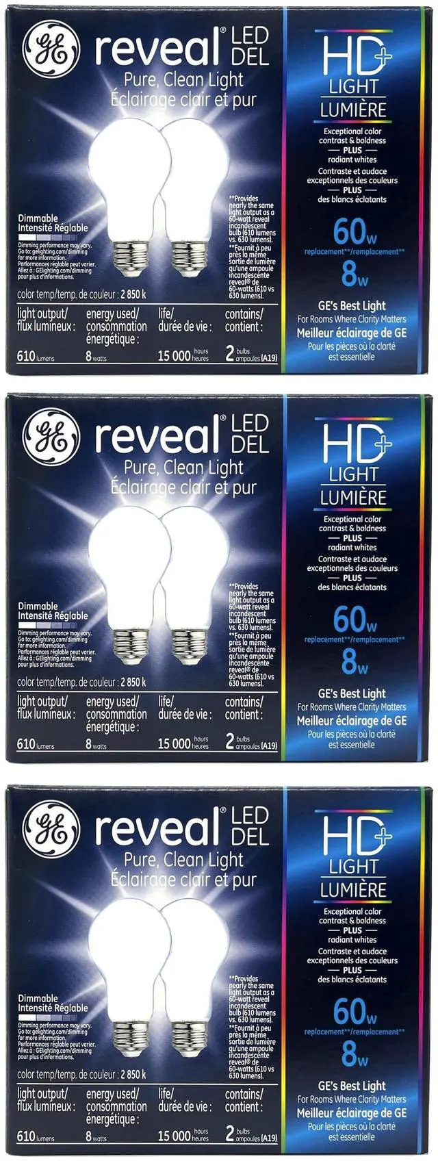 Main image of (6 bulbs) GE reveal LED A19 Light Bulb, 8 watts, 610 lumens, 2850K Reveal HD Light, Dimmable,  Exceptional Color Contrast and Boldness, medium base