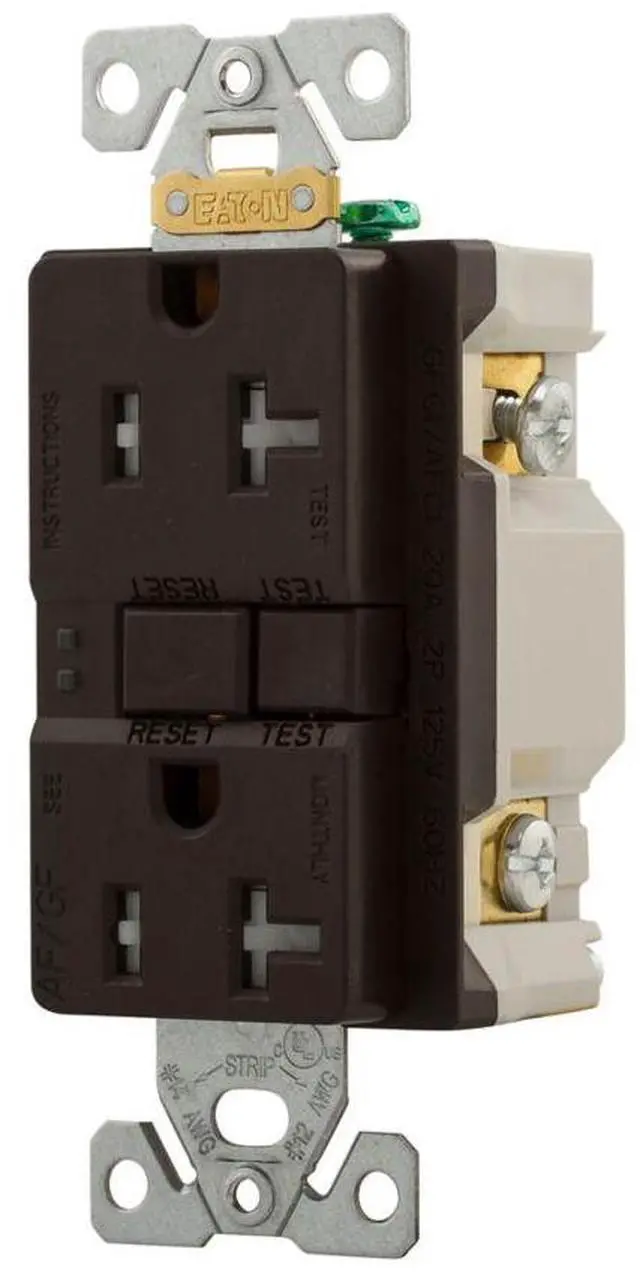Alt view image 2 of 2 - Eaton TRAFGF20B AF, Arc Fault/GF, Ground Fault Dual -Purpose, Duplex Receptacle with wallplate 20A 125V , Brown, two pole, three wire, grounding
