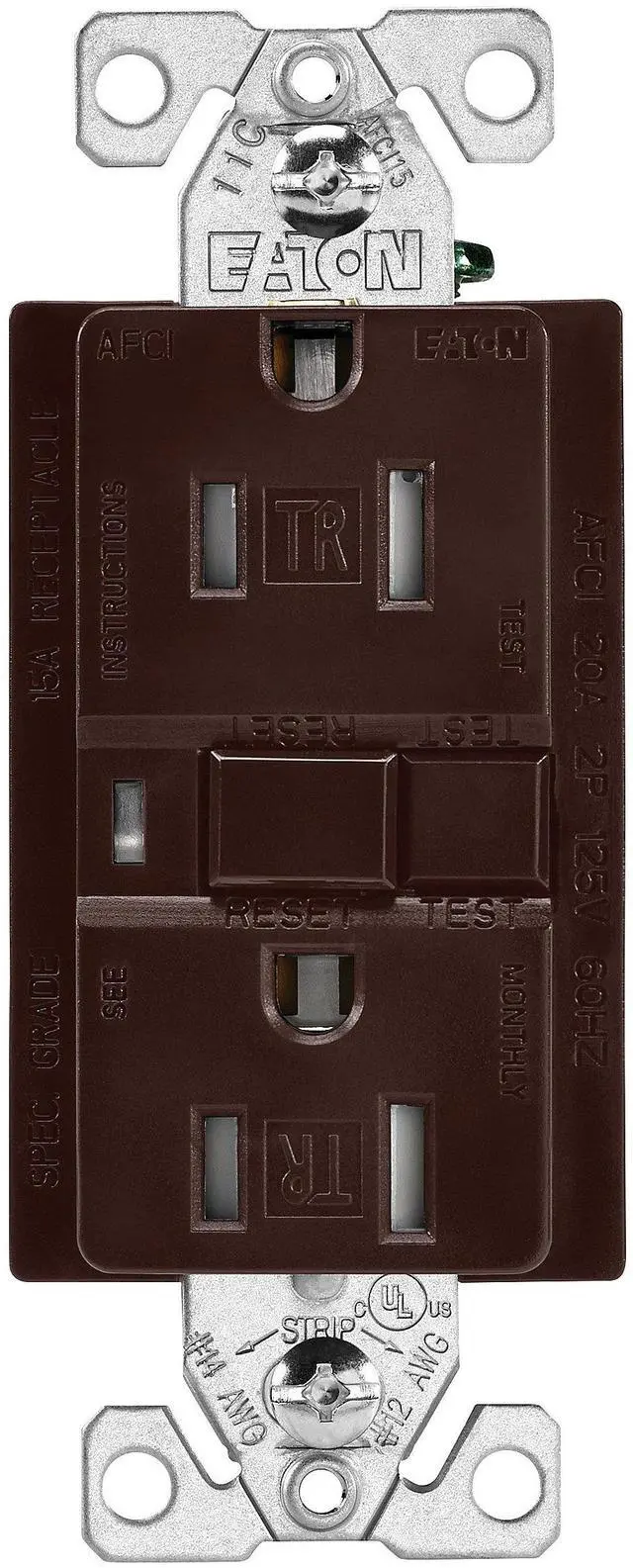 Main image of Eaton TRAFCI15B 15 Amp Tamper Resistant AFCI Receptacle, Brown Finish, 2-pole, 3-wire grounding