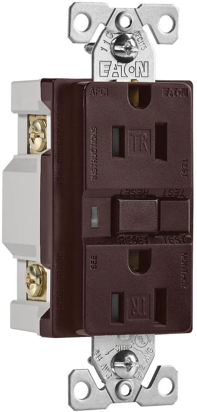 Alt view image 2 of 4 - (case of 4) Eaton TRAFCI15B 15 Amp Tamper Resistant AFCI Receptacle, Brown Finish, 2-pole, 3-wire grounding