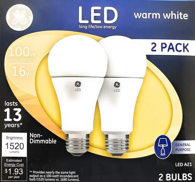 Main image of GE 2-Pack 100 W Equivalent Warm White A21 LED Light Fixture Light Bulbs, 16 watt, 1520 lumens, non-dimmable