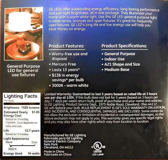 Alt view image 4 of 4 - GE 2-Pack 100 W Equivalent Warm White A21 LED Light Fixture Light Bulbs, 16 watt, 1520 lumens, non-dimmable