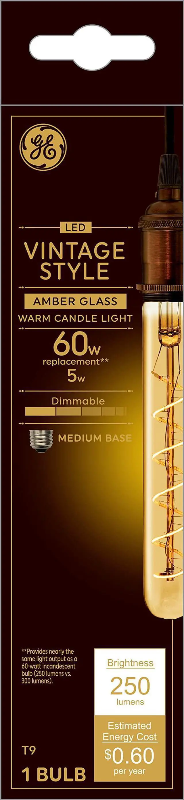 Main image of GE Lighting Vintage Style LED Tube Light Bulb, 5 Watts (60 Watt Equivalent) Warm Candle Light, Amber Glass, Medium Base, Dimmable, spiral filament (1 Pack)
