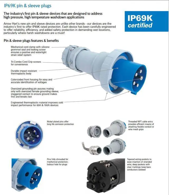 Alt view image 5 of 5 - Eaton AH332C6W 32 Amp Pin and Sleeve Connector, IP69K, 240V, Two-pole Three-wire grounding, Female, BLUE
