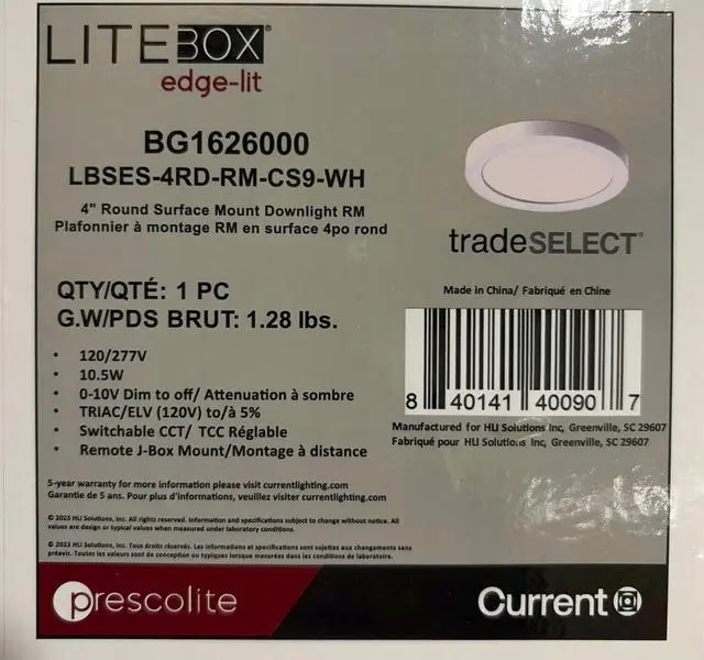 Alt view image 3 of 3 - Prescolite Edge-Lit Round LED Downlight, 4 inch, 750 lumens, 10 watts, Field selectable color temperature, remote driver J-Box, 120-277V, flicker free dimming, white, LBSES-4RD-RM-CS9-WH