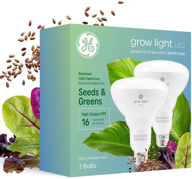 Main image of GE Grow Lights for Indoor Plants, BR30 Indoor Floodlight, LED Light Bulbs for Seeds and Greens with Balanced Spectrum, 25,000 Hours Lifespan, 16 PPF, 2 Pack (Packaging May Vary)
