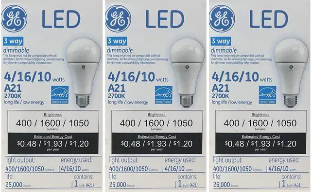 Alt view image 2 of 4 - (case of 3) GE 73376 LED A21 3-way Light Bulb, 2700K warm white, using 4/16/10 watts, emitting 400/1600/1050 lumens, medium base