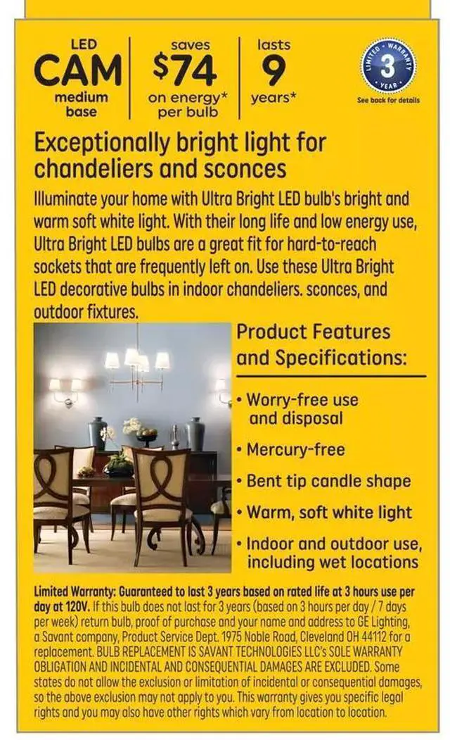 Alt view image 3 of 5 - GE Ultrabright Decorative LED bulb, 7.5 watt, 810 lumens, soft white, medium base, dimmable, ultra bright and ultra beautiful (case of 8 bulbs)