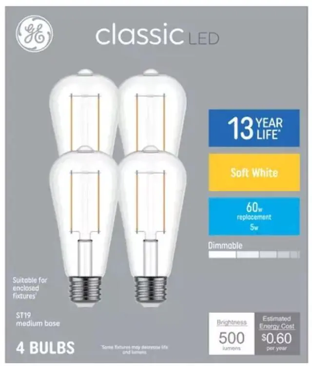 Main image of GE Classic Soft White LED Bulbs, ST19 Edison, 60W Equivalent using only 5 watts, 500 lumen, Dimmable, beautiful 2700K (4 Pack)