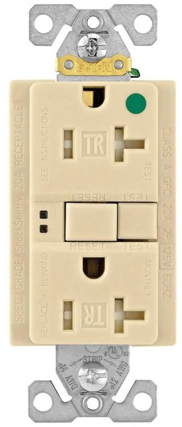 Main image of Eaton Hospital Grade GFCI Receptacle, TRSGFH20FV, 20A, 125V, Ivory, Tamper Resistant