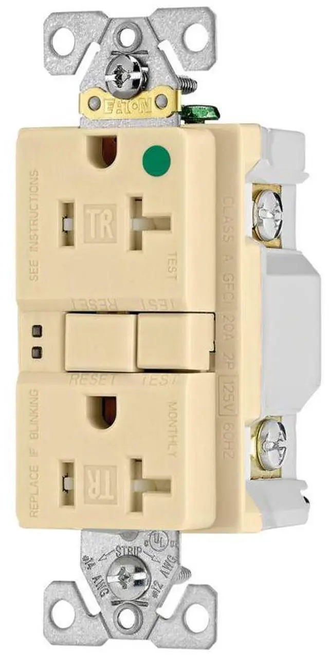 Alt view image 2 of 3 - Eaton Hospital Grade GFCI Receptacle, TRSGFH20FV, 20A, 125V, Ivory, Tamper Resistant