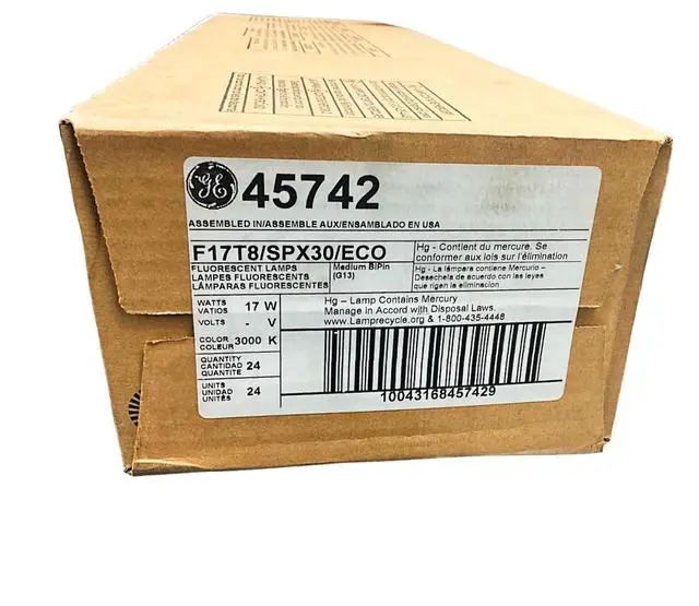 Alt view image 4 of 4 - (case of 24) GE 45742 - F17T8/SPX30/ECO Straight 24 inch T8 Fluorescent Tube, 17 watts, 1350 lumens, 3000K Natural White