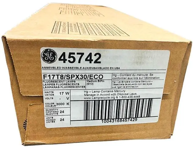 Alt view image 4 of 4 - (case of 24) GE 45742 - F17T8/SPX30/ECO Straight 24 inch T8 Fluorescent Tube, 17 watts, 1350 lumens, 3000K Natural White