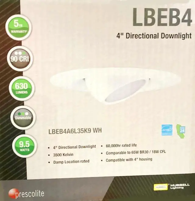 Alt view image 2 of 4 - Hubbell LiteBox LBEB4A6L35K9 WH LED Downlight Retrofit Kit, Adjustable Eyeball, 4 inch round, 3500K, 630 lumens, 9.5 watt, Dimmable Directional Downlight