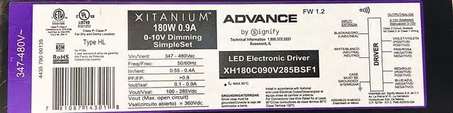 Main image of Philips Xitanium Advance LED Electronic Driver XH180C090V285BSF1, 347-480V Input Voltage, 180 watt ouput