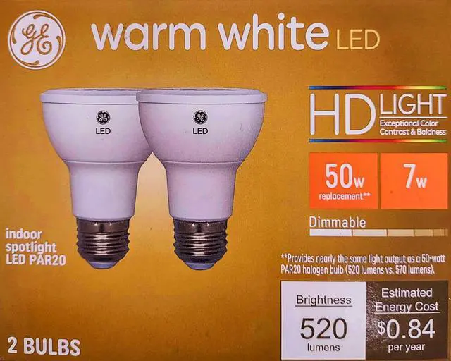 Alt view image 2 of 4 - (2 bulbs) GE LED PAR20 Warm White Dimmable Indoor Spotlight, 50-Watt Equivalent, 520 Lumens, 3000K warm white, 7 watt, HD Light exceptional color contrast & boldness