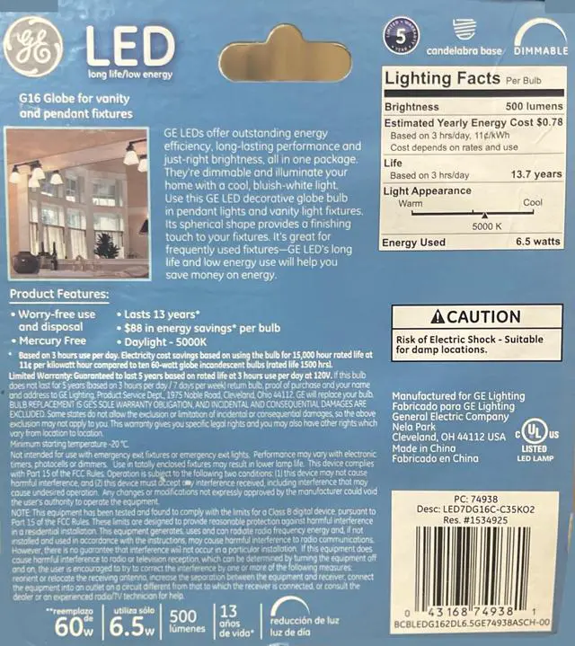 Alt view image 3 of 3 - (2 bulbs) GE LED G16.5 Globe Light Bulb, Candelabra base, 6.5 watts, 500 lumens, 5000K Cool White