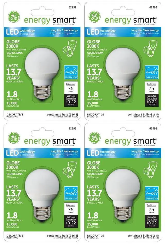 Alt view image 2 of 4 - (4 bulbs) GE Lighting Energy Smart LED 1.8-Watt (15-watt replacement) 75-Lumen G16.5 Light Bulb with Medium Base