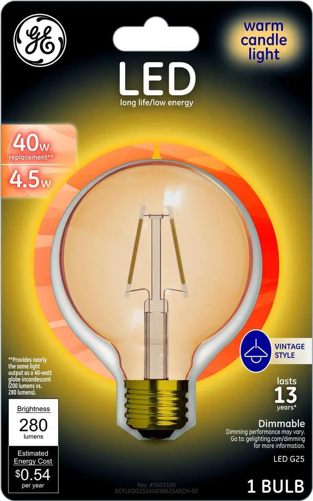 Main image of GE Lighting 98633 Amber Glass Light Bulb Dimmable LED Vintage Style G25 Decorative Globe 4.5 (40-Watt Replacement), 280-Lumen Medium Base, 1-Pack, Soft White