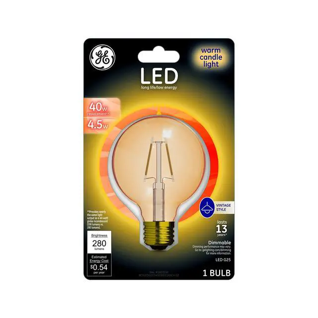 Alt view image 3 of 5 - GE Lighting 98633 Amber Glass Light Bulb Dimmable LED Vintage Style G25 Decorative Globe 4.5 (40-Watt Replacement), 280-Lumen Medium Base, 1-Pack, Soft White
