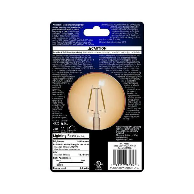 Alt view image 4 of 5 - GE Lighting 98633 Amber Glass Light Bulb Dimmable LED Vintage Style G25 Decorative Globe 4.5 (40-Watt Replacement), 280-Lumen Medium Base, 1-Pack, Soft White