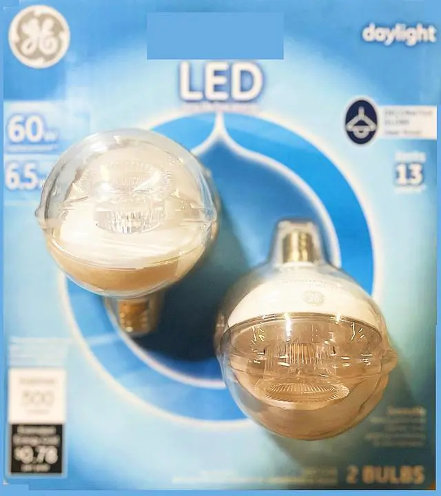 Main image of (2 bulbs) GE LED G16.5 Globe Light Bulb, Candelabra base, 6.5 watts, 500 lumens, 5000K Cool White