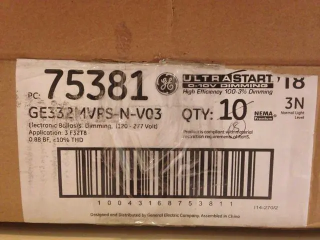 Alt view image 2 of 2 - (Case of 10) GE 75381 0-10V UltraStart GE332MVPS-N-V03 - T8 Dimming Ballast