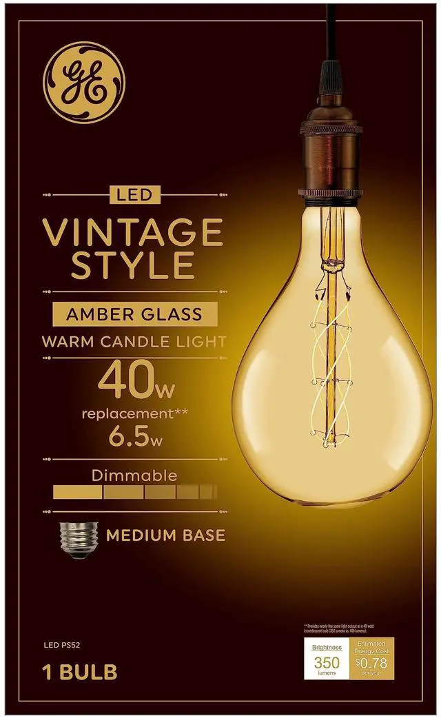 Main image of GE Vintage Style LED Light Bulb, 40 Watt, Amber Finish, PS52 Large Pear Shaped Bulb (1 Pack)