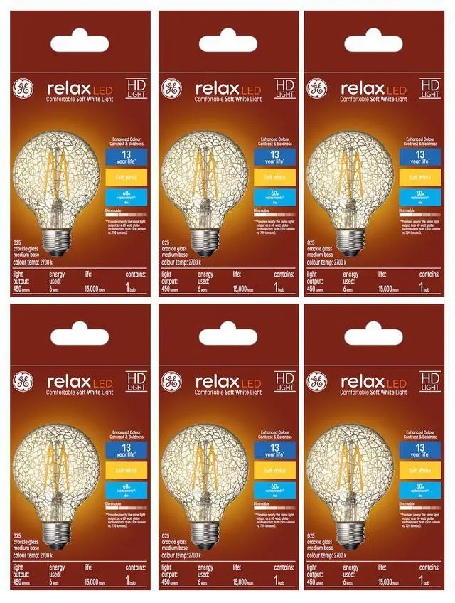 Alt view image 2 of 3 - (case of 6) GE Lighting relax LED HD Soft White LED Decorative Crackle Glass G25 Globe, 6 watt, 450 lumen, medium base, Dimmable LED Light bulb
