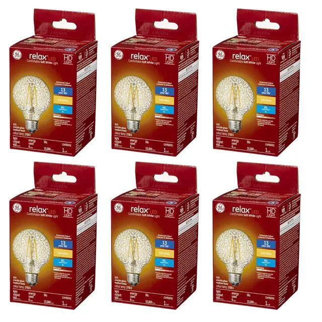 Alt view image 3 of 3 - (case of 6) GE Lighting relax LED HD Soft White LED Decorative Crackle Glass G25 Globe, 6 watt, 450 lumen, medium base, Dimmable LED Light bulb