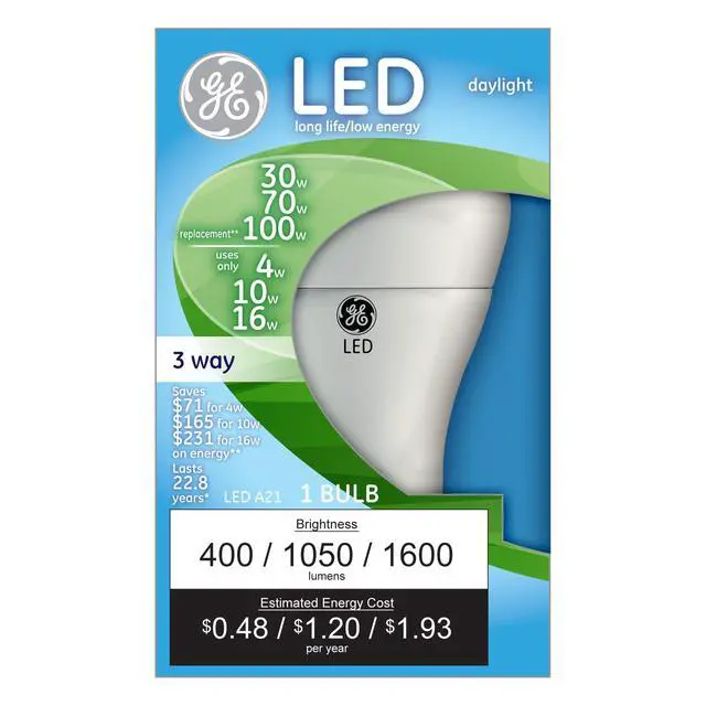Alt view image 2 of 3 - GE Lighting LED 3-Way Light Bulb, 30/70/100W Replacement, A21, 1-Pack, Daylight, Medium Base 3-Way LED Bulb