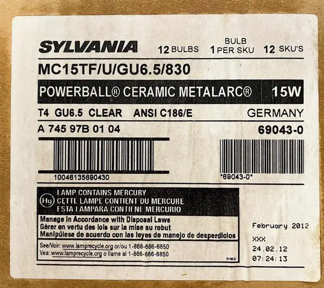 Alt view image 3 of 4 - (case of 6) Sylvania 69043 - MC15TF/U/GU6.5/830 15 watt Metal Halide Light Bulb