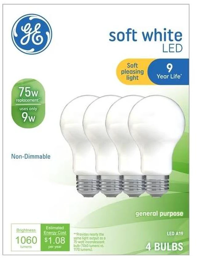 Main image of GE LED 9W Soft White 1060 Lumens, 2700K, A19 Non-Dimmable Light Bulb (4PK)