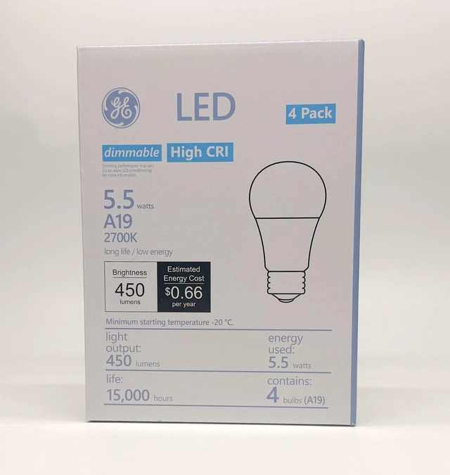 Main image of GE 93305532 Dimmable A19 5.5W ,2700K Warm White, 450 Lumens E26 Base 4 Pack